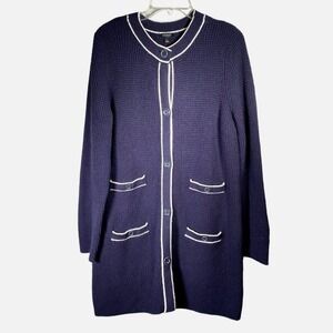 Talbots Womens‎ Tipped Textured Cardigan Sweater Duster Navy Blue White Trim L
